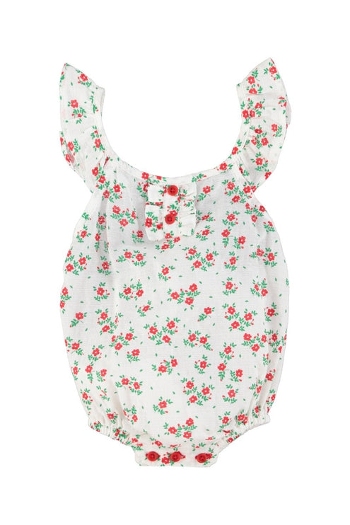 red flowers baby romper with fringe straps on a white background