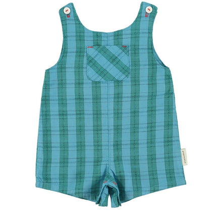 Green plaid romper with button straps on a white background