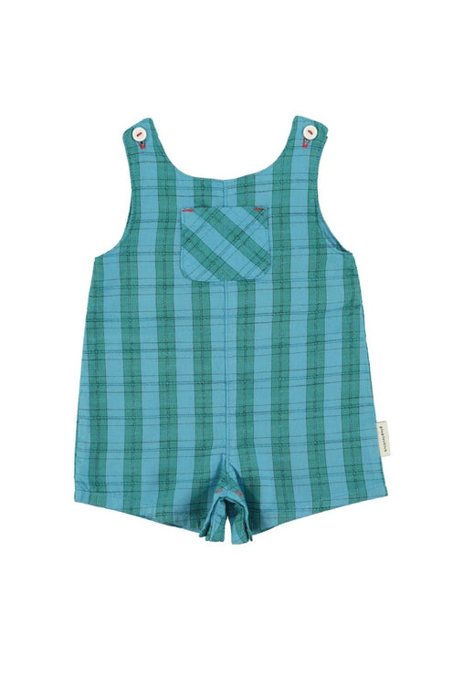Green plaid romper with button straps on a white background