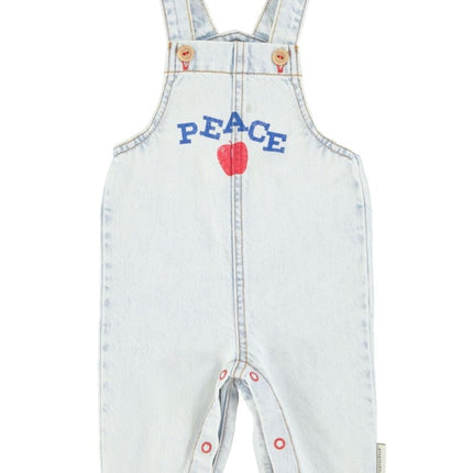 light blue denim overall with peace print and apple design