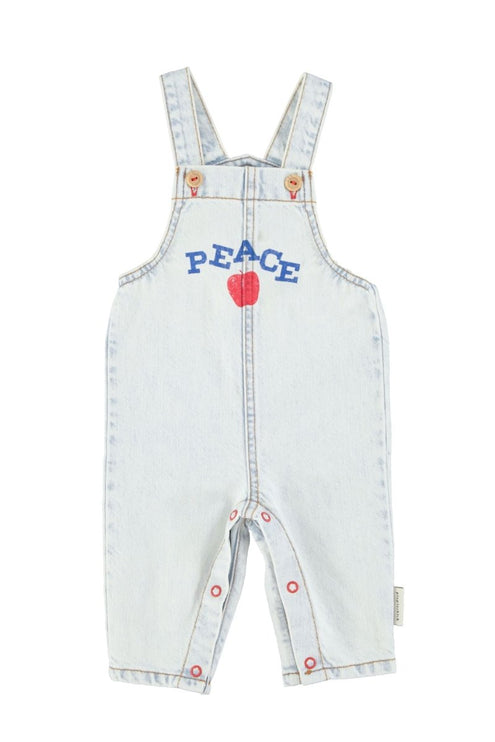 light blue denim overall with peace print and apple design