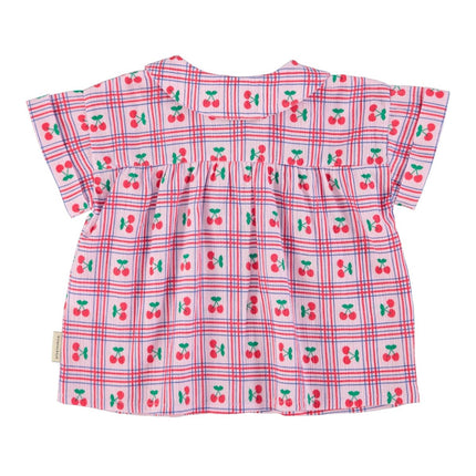 Pink checkered dress with cherry pattern 