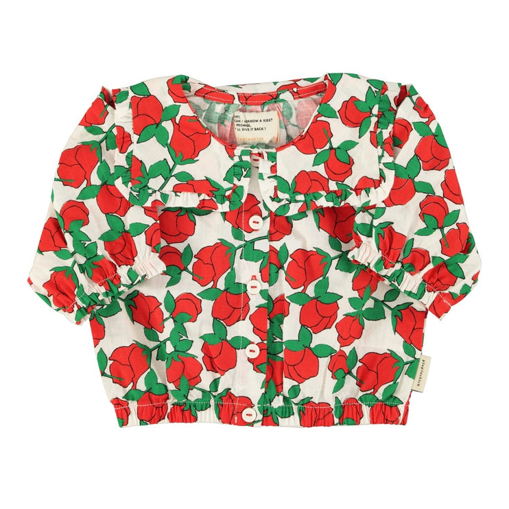 blouse with red roses print all over
