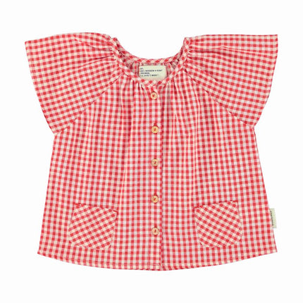 blouse with butterfly sleeve red and white checkered 