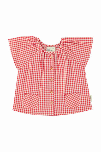 blouse with butterfly sleeve red and white checkered 