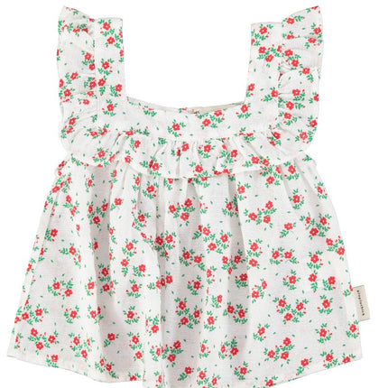 Floral blouse with red flowers on a white background