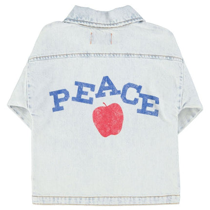 light blue denim jacket with 'peace' print on the back 