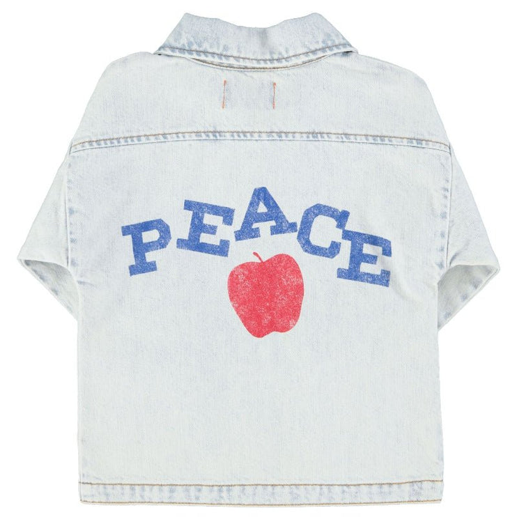 light blue denim jacket with 'peace' print on the back 