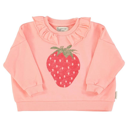 pink sweatshirt with collar detailed with strawberry print