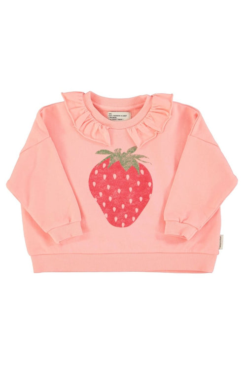 pink sweatshirt with collar detailed with strawberry print