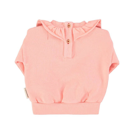 pink baby sweatshirt with wood buttons at the back