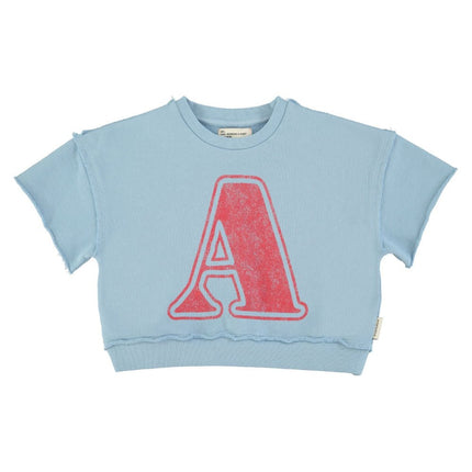 blue shortsleeve sweatshirt with A print