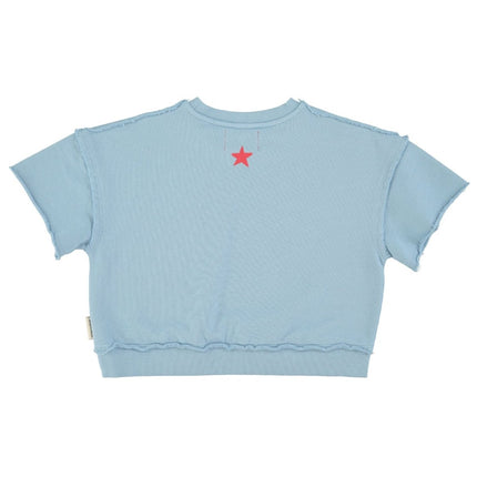 blue shortsleeve sweatshirt with small star logo at the back