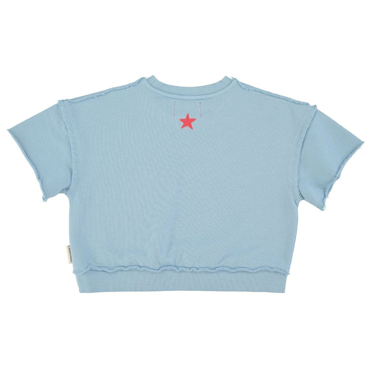 blue shortsleeve sweatshirt with small star logo at the back