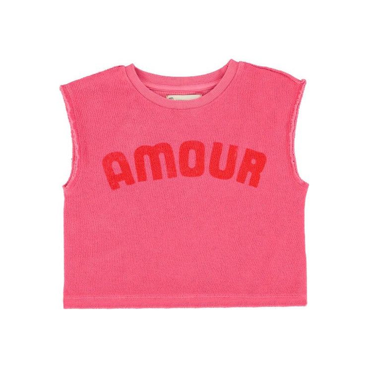 pink sleeveless top with 'amour' print