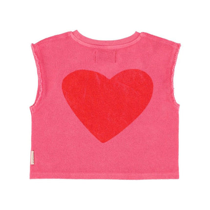 pink sleeveless top with red hear print at the back