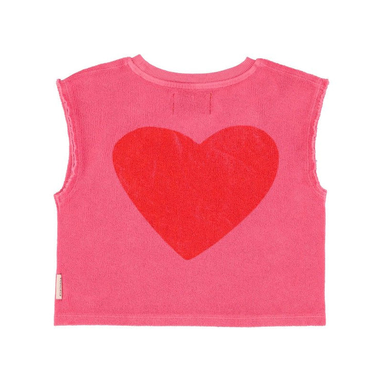 pink sleeveless top with red hear print at the back