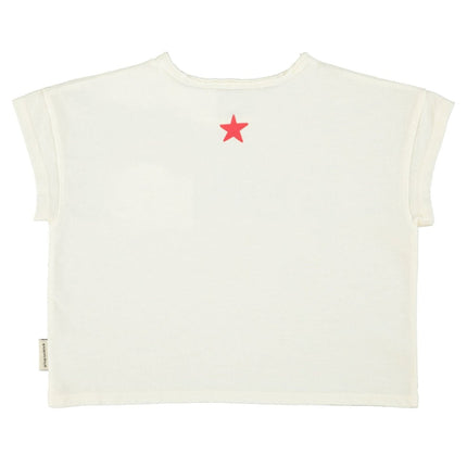 White sleeveless top with a red star on a white background