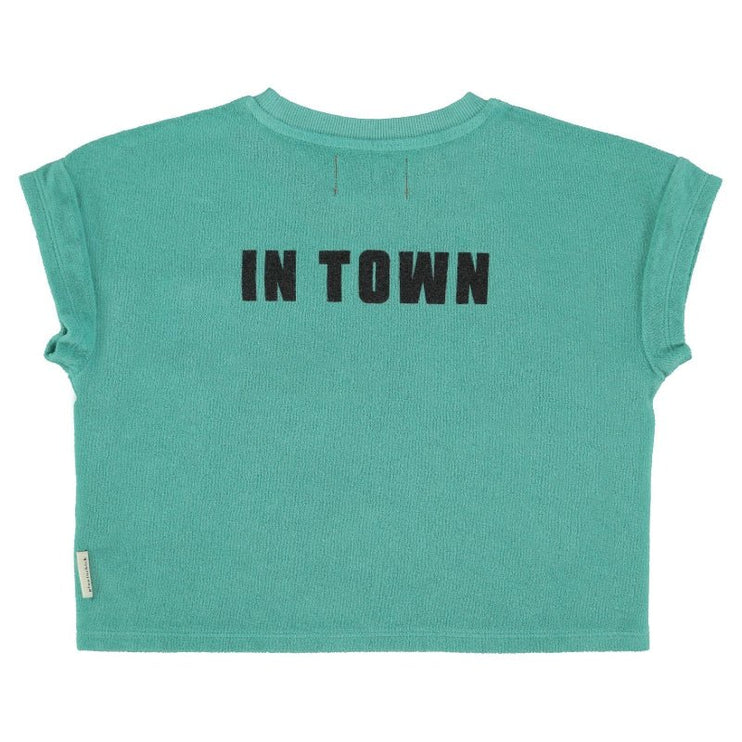 torquoise color shirt detailed with print at front and back