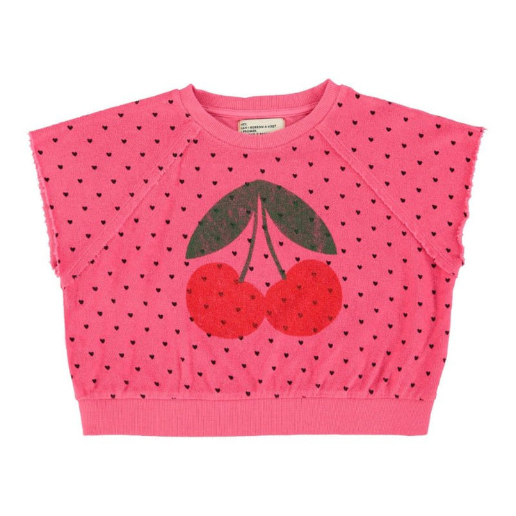 pink sleeveless sweatshirt with cherry print 