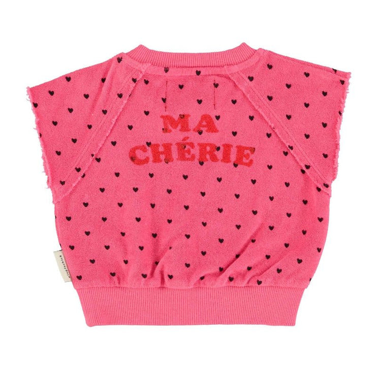 pink sleeveless sweatshirt with mini black hearts print