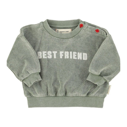 baby sweatshirt with buttons on shoulders detailed with print at front and back