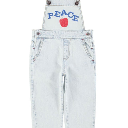Light blue denim overalls with 'PEACE' and an apple graphic 