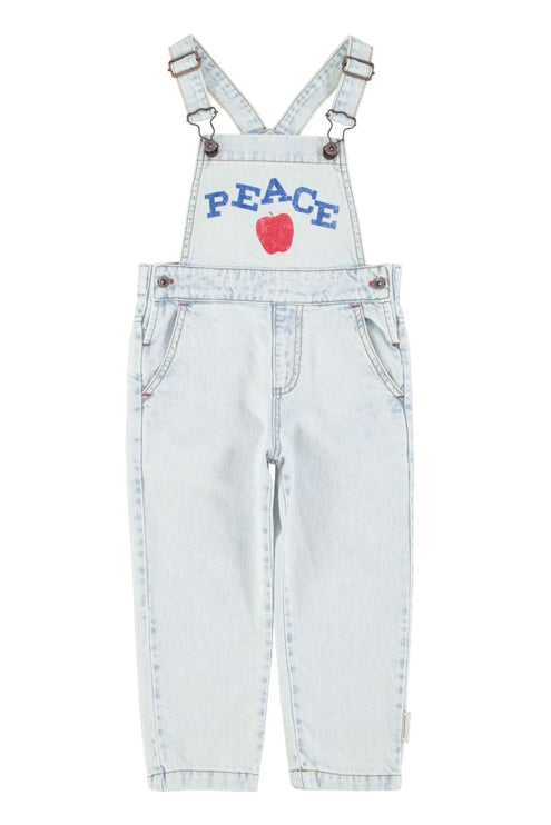 Light blue denim overalls with 'PEACE' and an apple graphic 