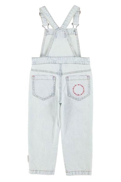 light blue denim overall with two pockets on the back