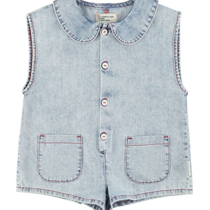 light blue denim sleeveless jumpsuit with apple print on the back