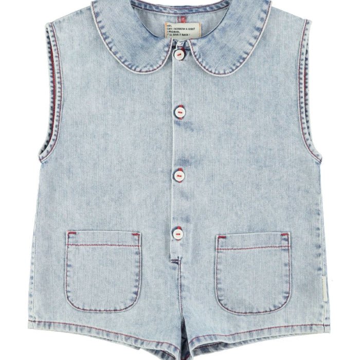 light blue denim sleeveless jumpsuit with apple print on the back