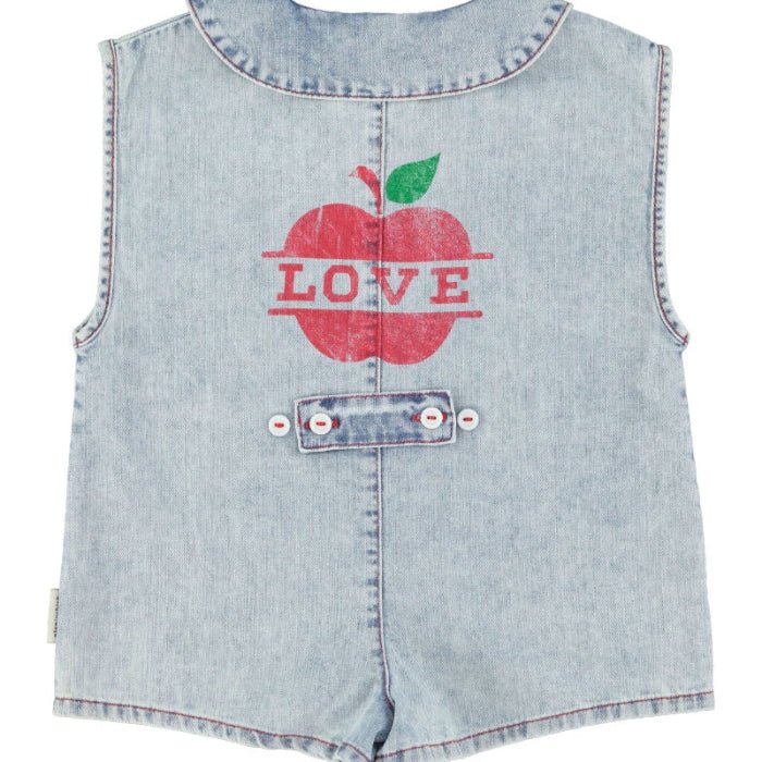 light blue denim jumpsuit with apple and love print 