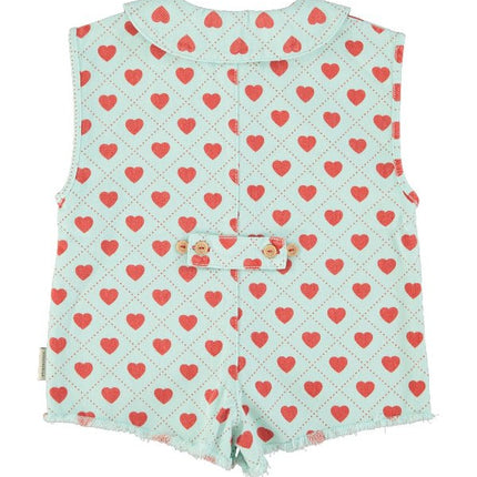 light blue short sleeve jumpsuit with red hearts pattern