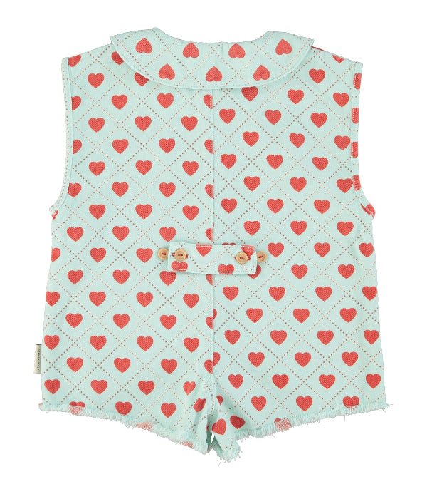 light blue short sleeve jumpsuit with red hearts pattern