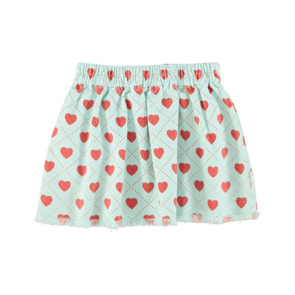 light blue skirt with red heart pattern