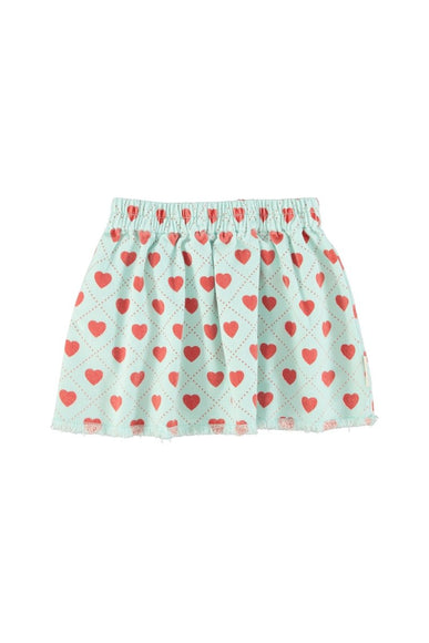 light blue skirt with red heart pattern