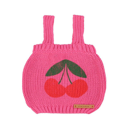 pink knitted top with cherry detail print