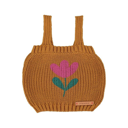 knitted top in camel color with flower print