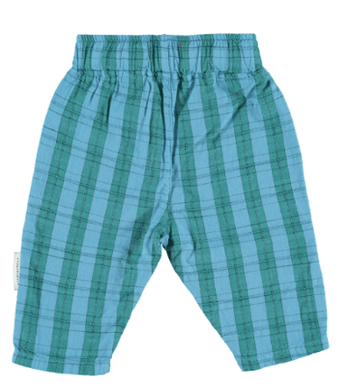 Blue and green plaid pants on a white background