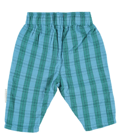 Blue and green plaid pants on a white background