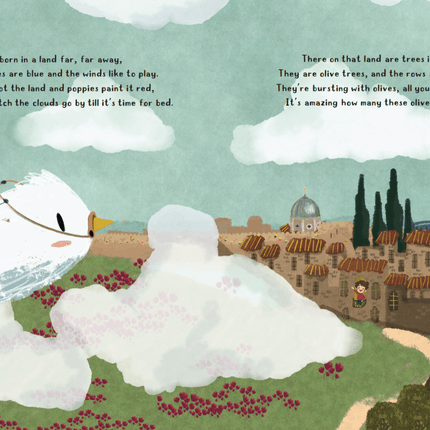An illustrated children's book spread showing a whimsical landscape with a child in a sailor hat on a ship, a large white cloud, rows of olive trees, and a town with domed buildings.