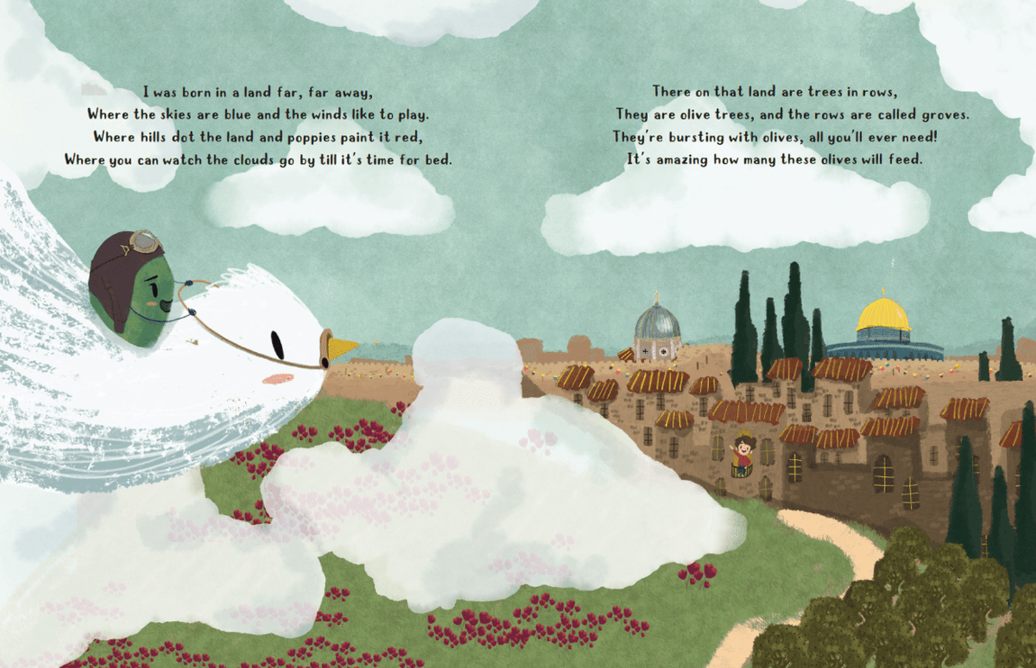 An illustrated children's book spread showing a whimsical landscape with a child in a sailor hat on a ship, a large white cloud, rows of olive trees, and a town with domed buildings.
