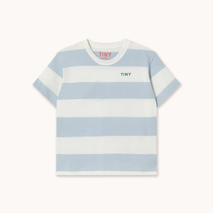 Blue and white striped t-shirt with 'TINY' branding 