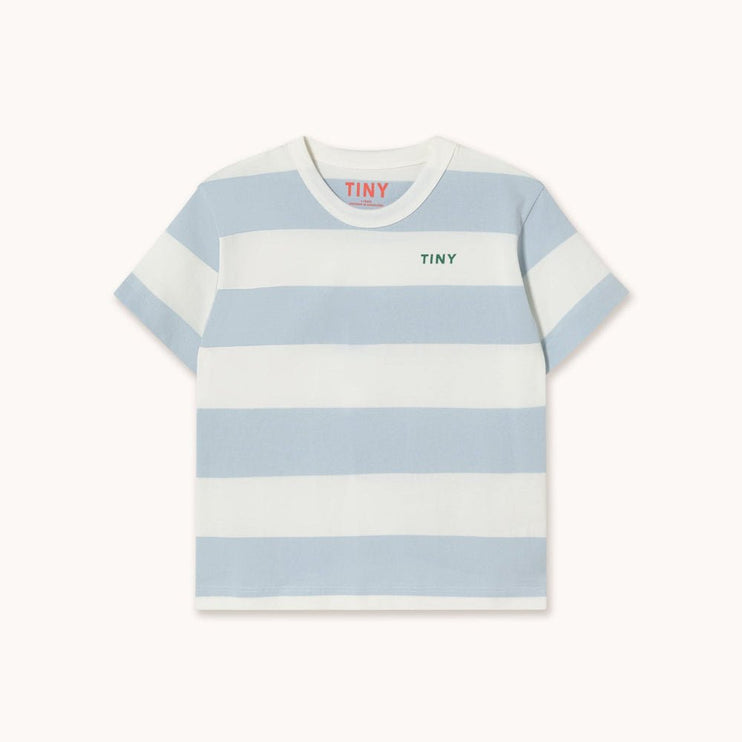 Blue and white striped t-shirt with 'TINY' branding 