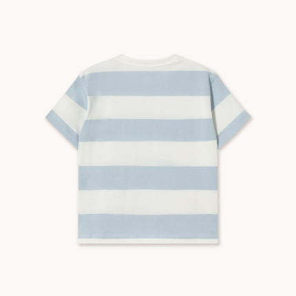 Back view of a blue and white striped t-shirt