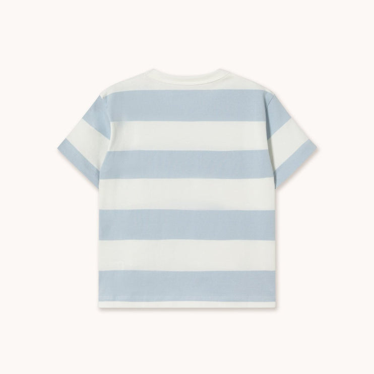 Back view of a blue and white striped t-shirt