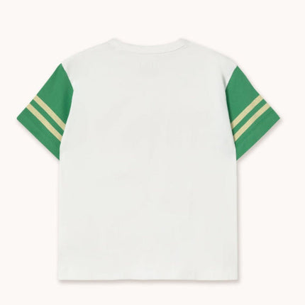 White t-shirt with green sleeves and trim 