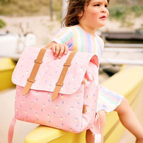 Girl holding a Peach with Summer Fruit print Satchel