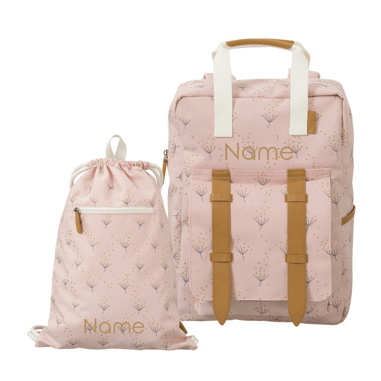Pink personalized school bags in dandelion print