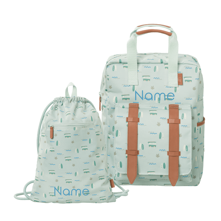 Blue personalized school bags in surf pattern